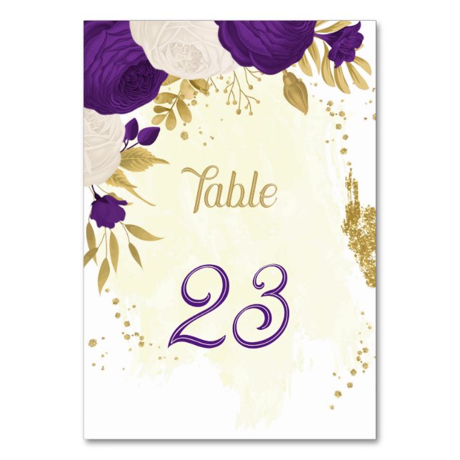 Königliche lila Blume Goldhochzeit Tischnummer (Vorderseite)