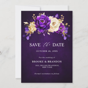 Königliche Lila Violette Goldene Blumige Botanisch Save The Date