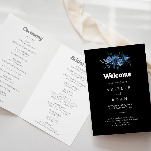 Königliche Marine Blaue Florale Gefaltete Hochzeit Programm (Von Creator hochgeladen)