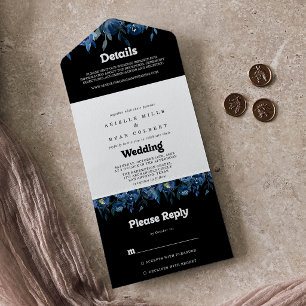 Königliche Marine Blaue Florale Hochzeit All In One Einladung