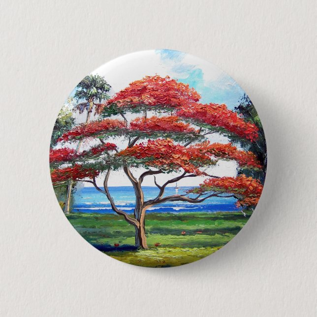 Königliche Poinciana Baum-Kunst Button (Vorderseite)