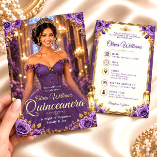 Königliche Purpur- und Gold-Quinceañera-Geburtstag Einladung