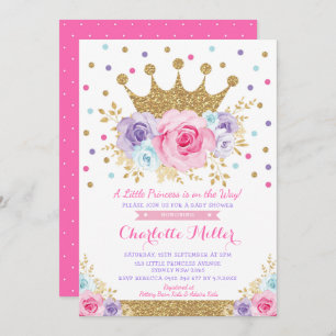 Königliche rosa lila Blumenbaby Dusche Kronprinz- Einladung