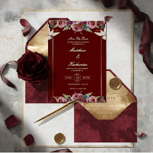 Königliche Rot & Gold Blumen-Tauben-Hochzeitseinla Einladung