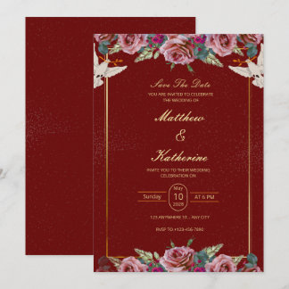 Königliche Rot & Gold Blumen-Tauben-Hochzeitseinla Einladung