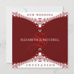 Königliche rote+weiße Spitzen-Monogramm-Hochzeitsk Einladung