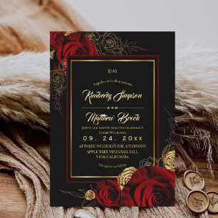 Königliche schwarze Burgunderrosen Boho-Hochzeit Folieneinladung