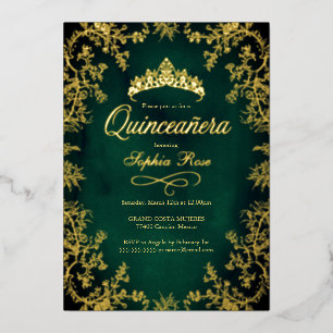 Königliche Smaragd-Gold-Krone Floral Quinceanera  Folieneinladung