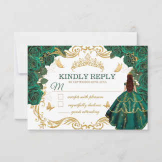 Königliche Smaragdgrüne Goldene Quinceañera-RSVP-K Mitteilungskarte