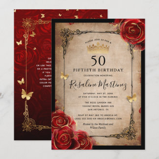 Königliche Vintage Rote Rose Goldene Eleganz Einladung