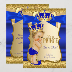 Königlicher Prinz Baby Shower Blau Gold Damast Blo Einladung