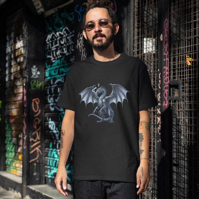 Königlicher Silberdrache auf Schwarz T-Shirt (Regal Silver Dragon on Black T-Shirt)