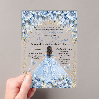 Königliches Baby Blau Gold Krone Quinceañera Acryleinladungen