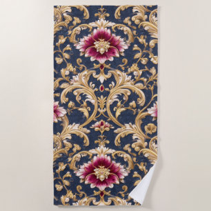 Königliches Barock-Blumenmuster auf tiefem Blau Strandtuch