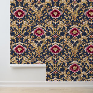 Königliches Barock-Blumenmuster auf tiefem Blau Tapete
