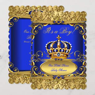Königliches Blau Damast Goldene Krone Baby Shower  Einladung