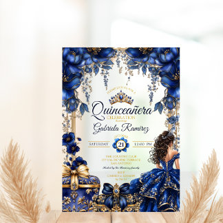 Königliches Blau Goldenes Diadem Floral Quinceañer Acryleinladungen