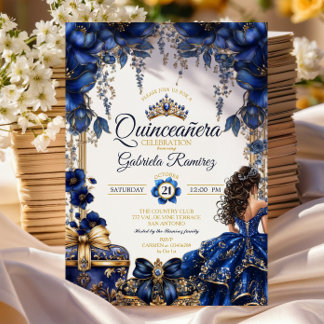 Königliches Blau Goldenes Diadem Florales Quinceañ Einladung