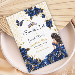 Königliches Blau Goldenes Diadem Rosen Quinceañera Save The Date