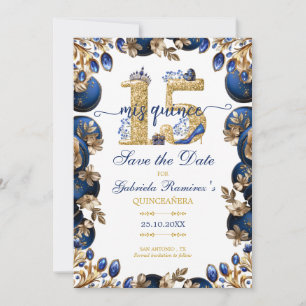 Königliches Blau Goldenes Tiara Florales Quinceañe Save The Date