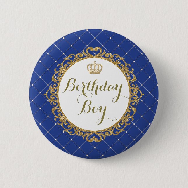 Königliches Blau-Goldprinz Birthday Boy Round Button (Vorderseite)