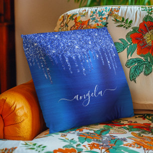 Königliches Blau tropfendes Glitter Glam Name Kissen