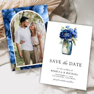 Königliches blaues Blumen-Mason-Glas-Foto-Hochzeit Save The Date