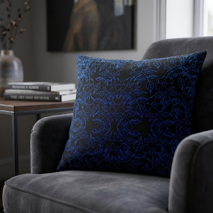 Königliches blaues florales Barockkunst auf Schwar Kissen