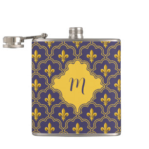Königliches Fleur-de-Lis Lila und Gold Muster Flachmann