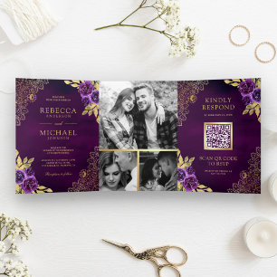 Königliches Lila Florales Goldene Spitze QR Code H Dreifach Gefaltete Einladung