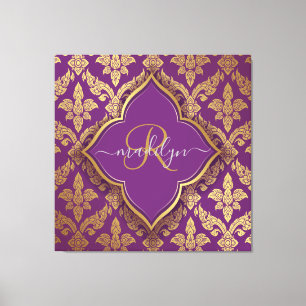 Königliches Lila Gold Damast Muster Fleur Monogram Leinwanddruck