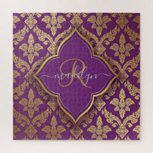 Königliches Lila Gold Damast Muster Fleur Monogram Puzzle