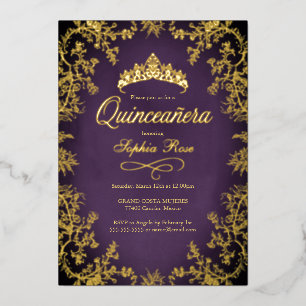 Königliches Lila Gold Kronen Blumen Quinceanera Folieneinladung
