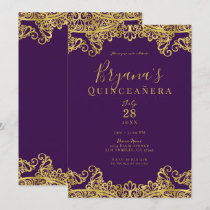 Königliches Lila Goldlitze Elegante Quinceañera-Pa Einladung