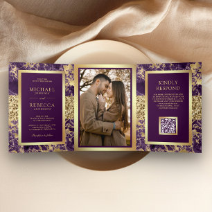 Königliches Lila Goldmarmor-Foto-QR-Code-Hochzeit Dreifach Gefaltete Einladung