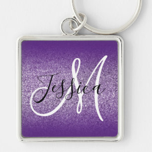 Königliches Lila Ombre Rand Amethyst Glitter Monog Schlüsselanhänger