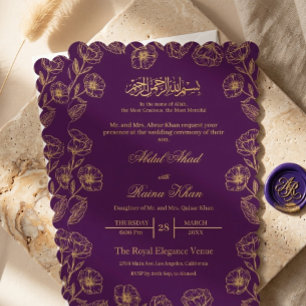 Königliches Lila und Gold Blumen-Islamisches Musli Einladung
