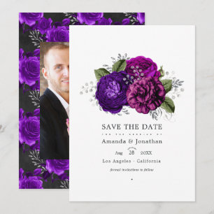 Königliches Lila und Silbernes Blumenhochzeitsfoto Save The Date