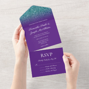 Königliches Lila und Türkis Ombre Glitter Hochzeit All In One Einladung