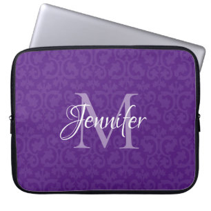 Königliches Lila und Weißes Monogramm Damast Laptopschutzhülle