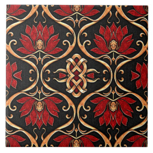 Königliches rotes Lotus- und goldenes Filigranmust Fliese