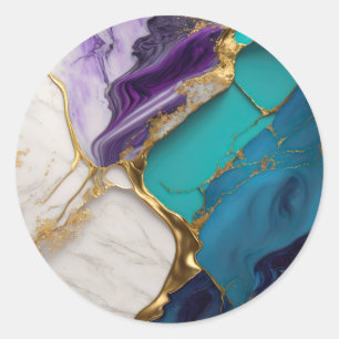 Königliches Teal & Amethyst-Marmor mit Goldadern Runder Aufkleber