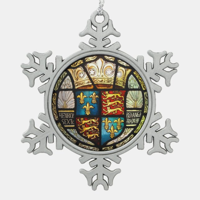 Königliches Tudor Wappen Buntglas Henrys VIII Schneeflocken Zinn-Ornament (Vorderseite)