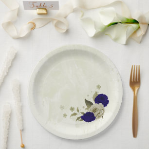 Königsblau beige florale Hochzeit Pappteller