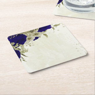 Königsblau beige florale Hochzeit Rechteckiger Pappuntersetzer