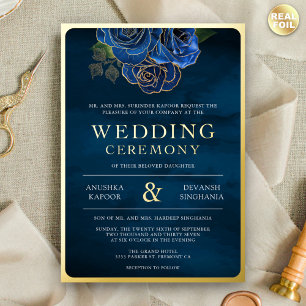 Königsblau Blumen Foto Indische Hochzeit Gold Folieneinladung