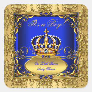 Königsblau Damast Goldene Krone Baby Shower Junge Quadratischer Aufkleber