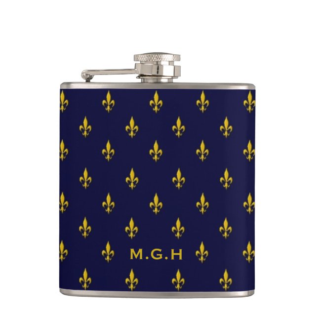 Königsblau Fleur De Lis Muster Monogramm Flachmann (Vorderseite)