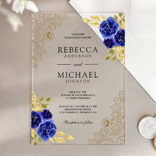 Königsblau Floral Goldspitze Hochzeit Acryleinladungen