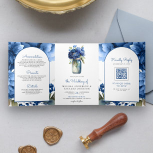 Königsblau Florale Mason-Glas QR-Code Hochzeit Dreifach Gefaltete Einladung